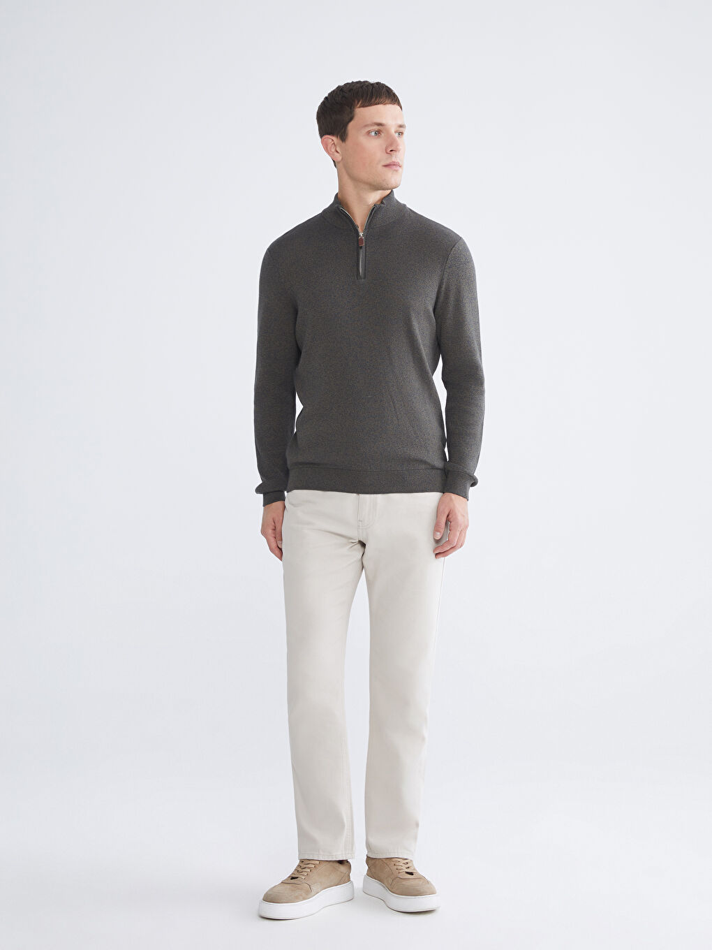 Haki Dik Yaka Erkek Triko Kazak-1