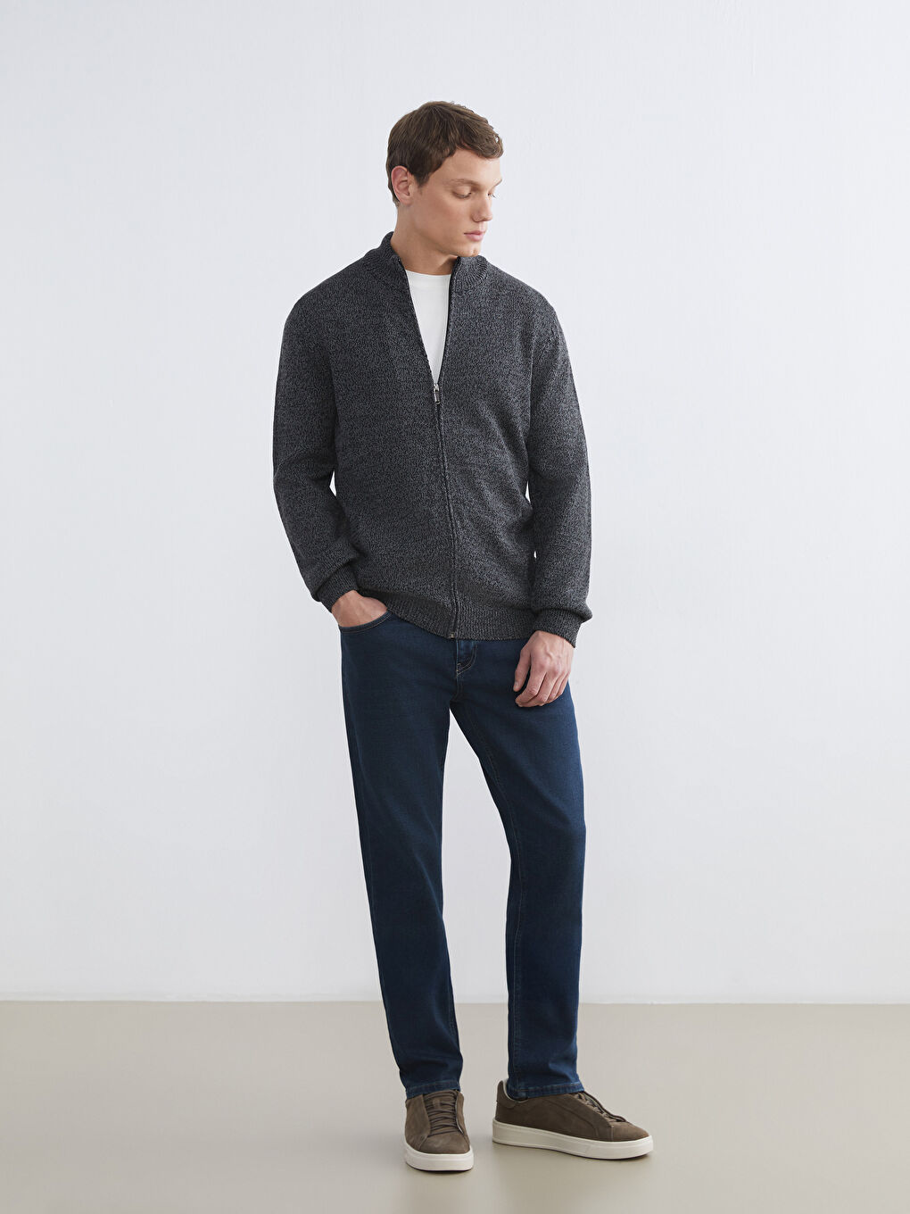Regular Fit Funnel Neck Men's Knit Cardigan-1
