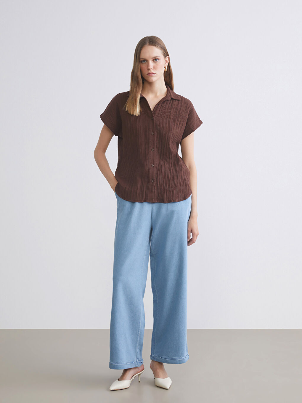 İndigo Beli Lastikli Wideleg Kadın Jean Pantolon