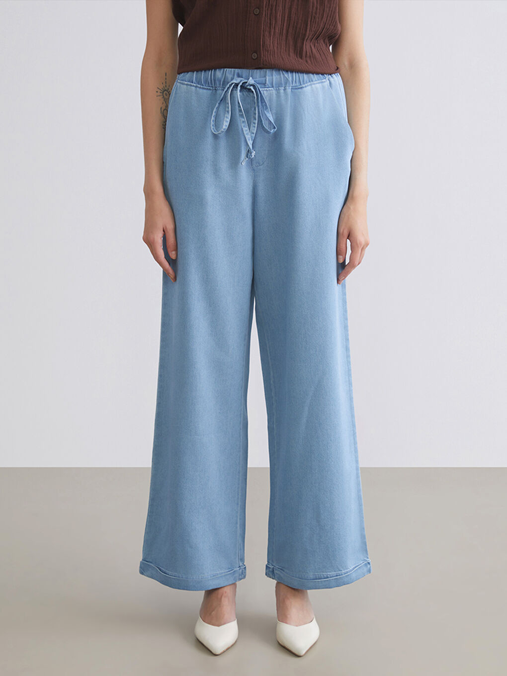 İndigo Beli Lastikli Wideleg Kadın Jean Pantolon-2