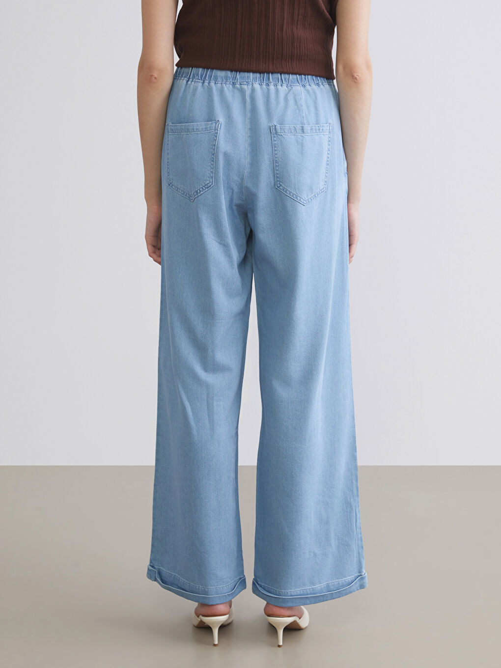 İndigo Beli Lastikli Wideleg Kadın Jean Pantolon-4