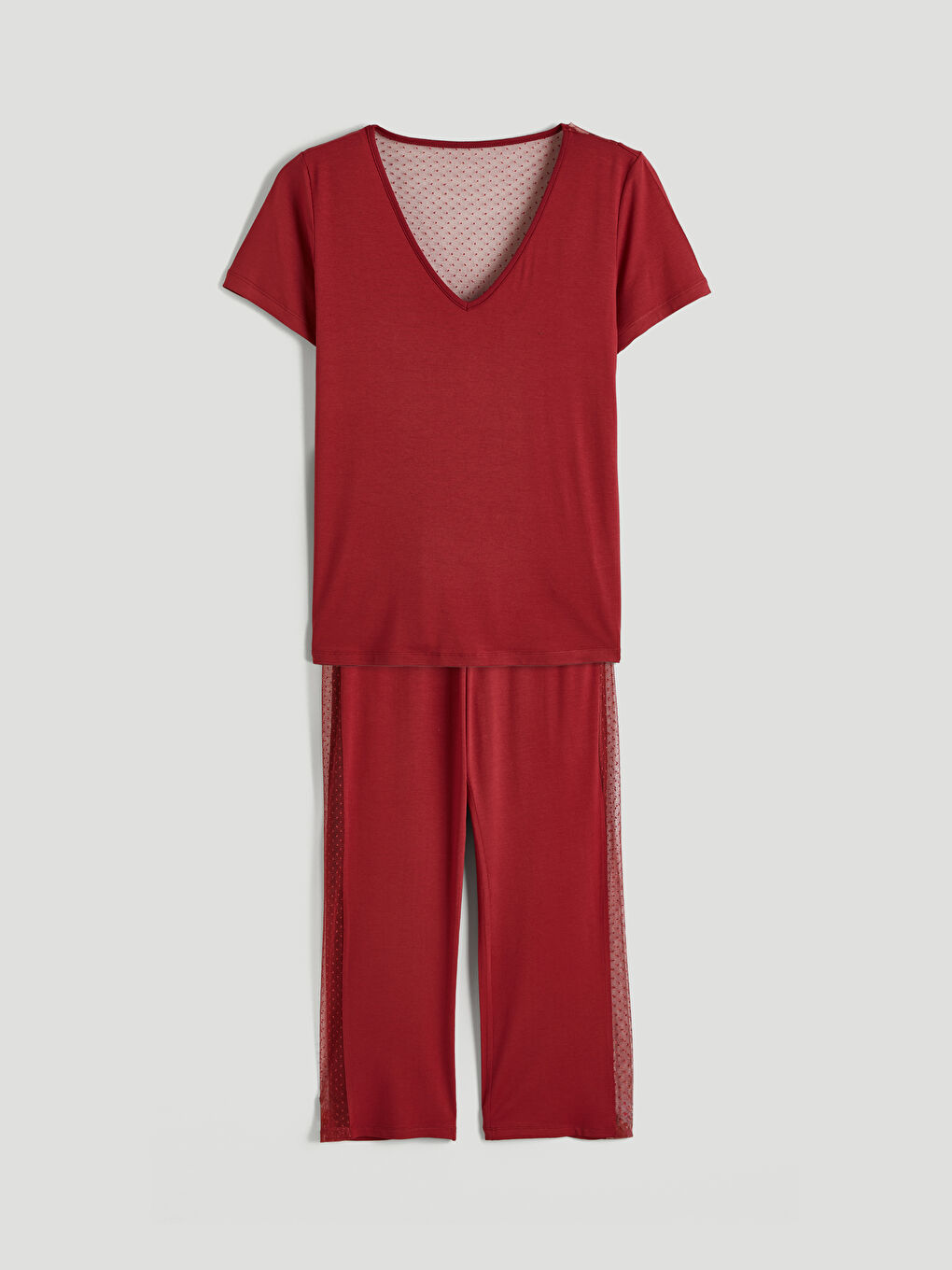 Kırmızı V Yaka Dantel Detaylı Kadın Pijama Takımı