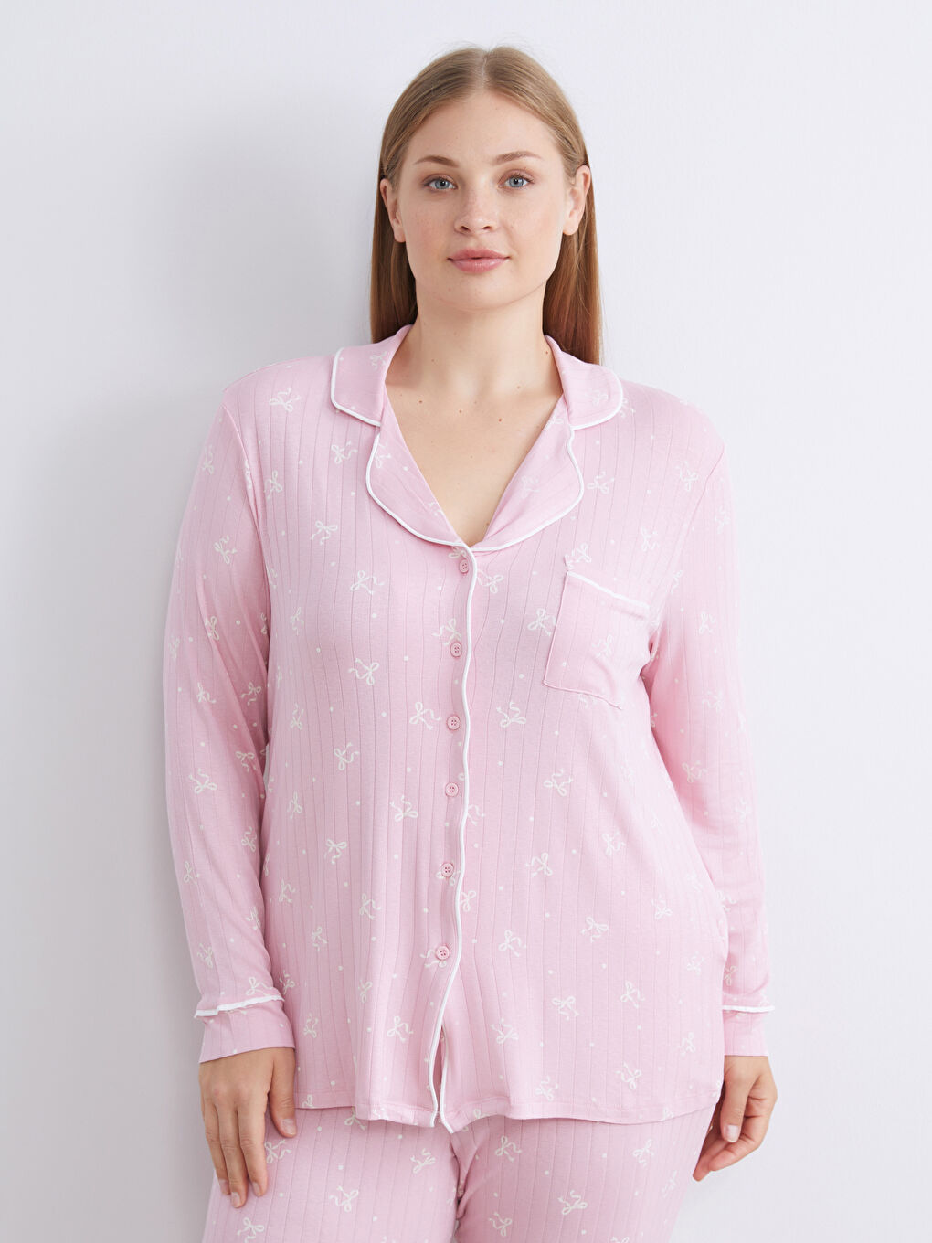 Pembe Gömlek Yaka Desenli Kadın Pijama Takımı-5