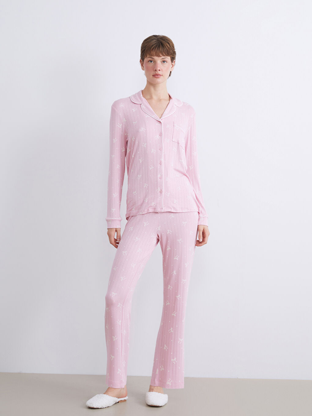 Pembe Gömlek Yaka Desenli Kadın Pijama Takımı