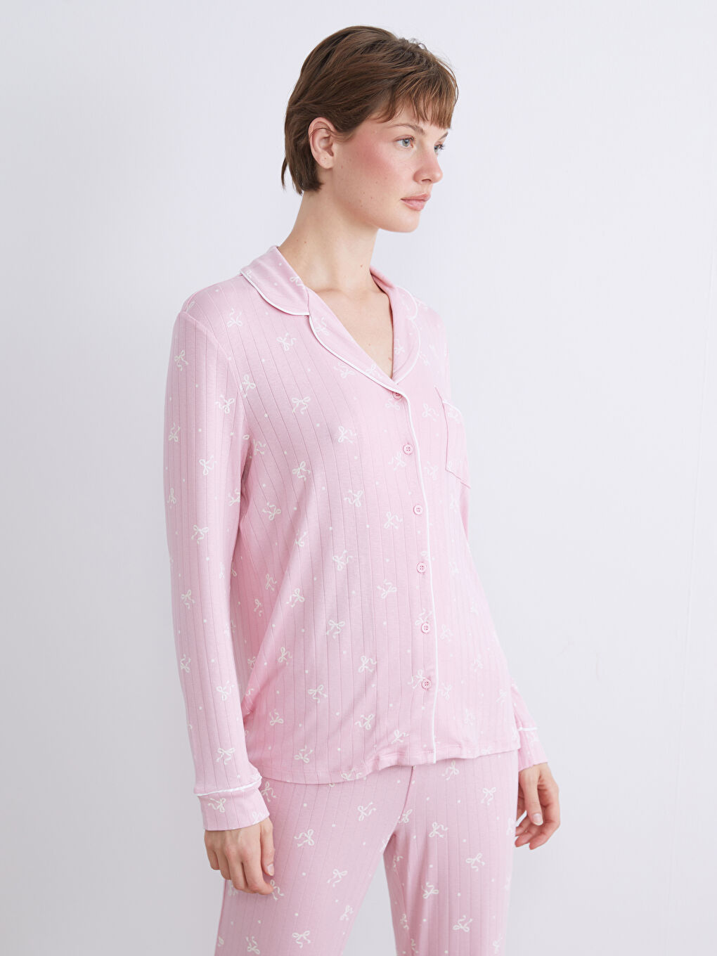 Pembe Gömlek Yaka Desenli Kadın Pijama Takımı-2