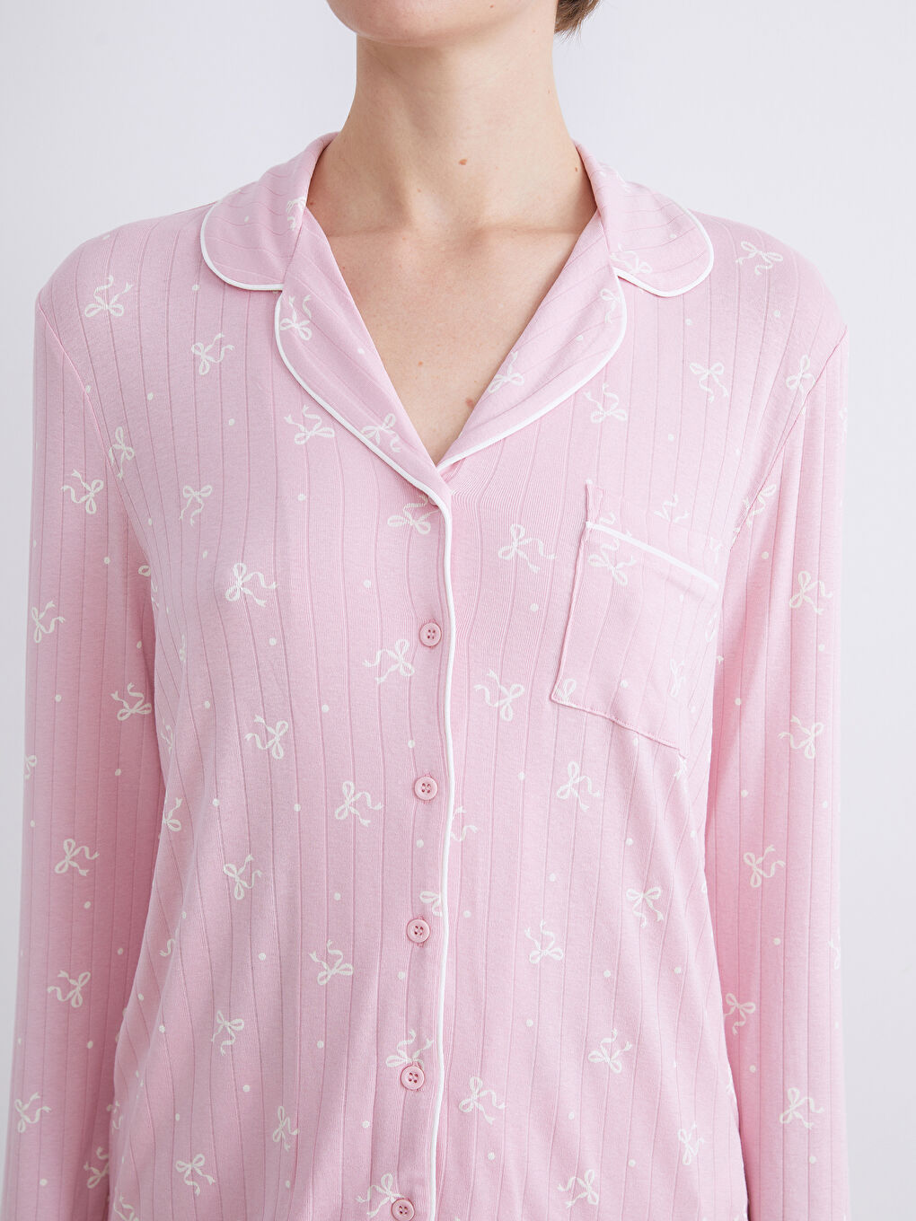 Pembe Gömlek Yaka Desenli Kadın Pijama Takımı-3