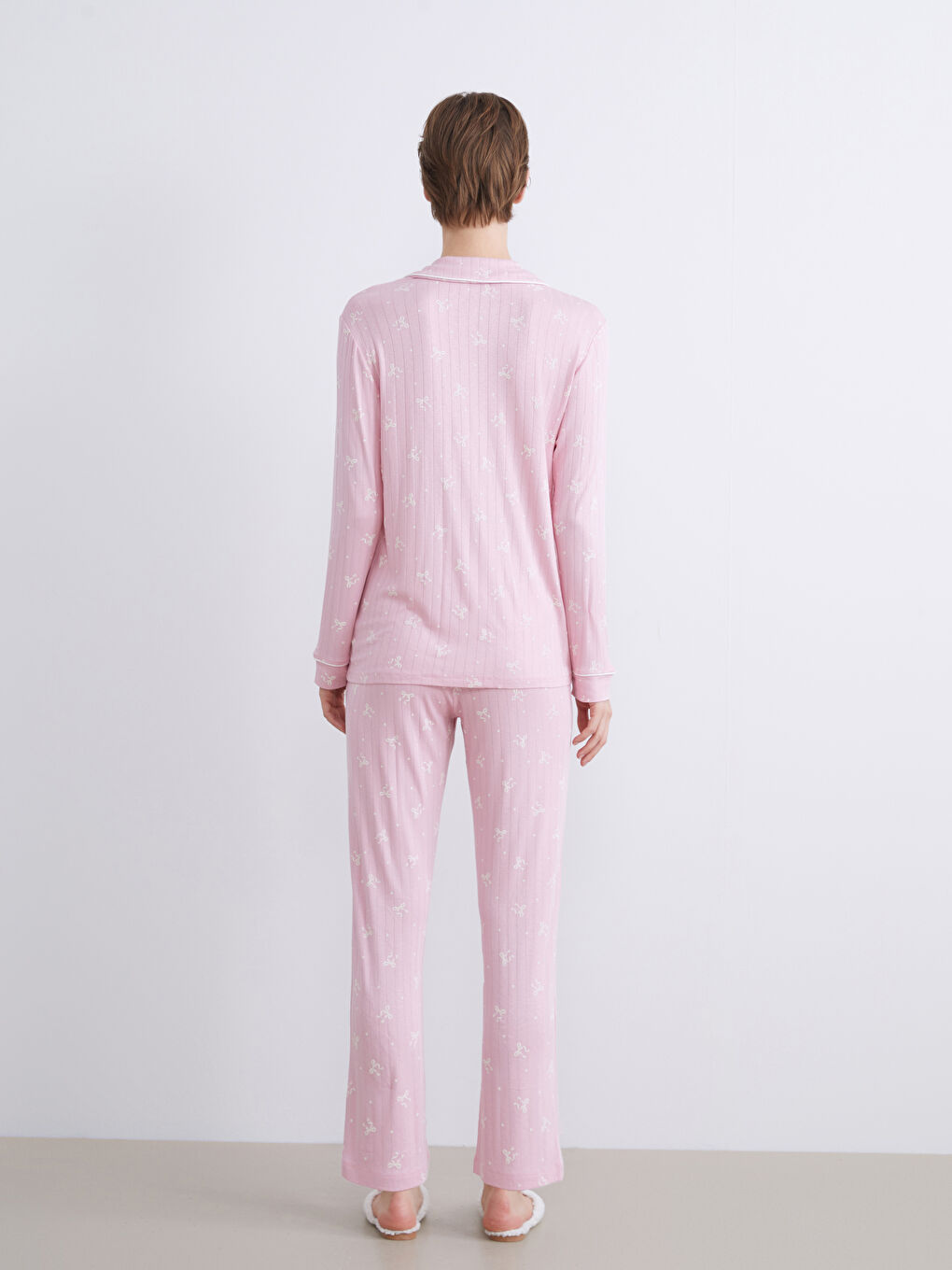 Pembe Gömlek Yaka Desenli Kadın Pijama Takımı-4