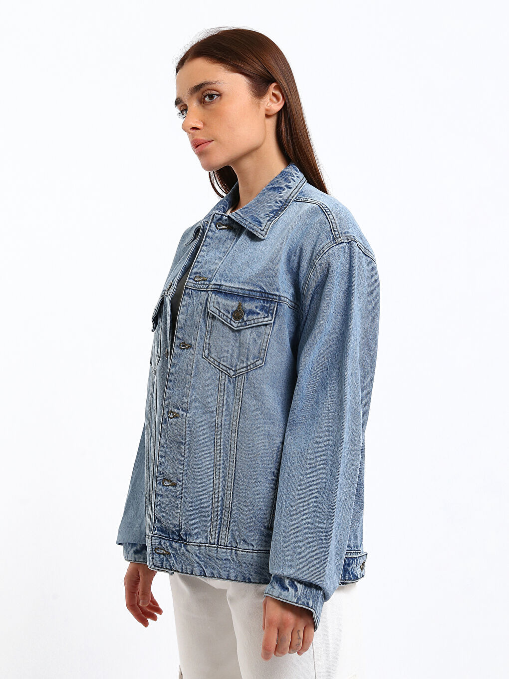Collared Neck Women's Denim Jacket-3