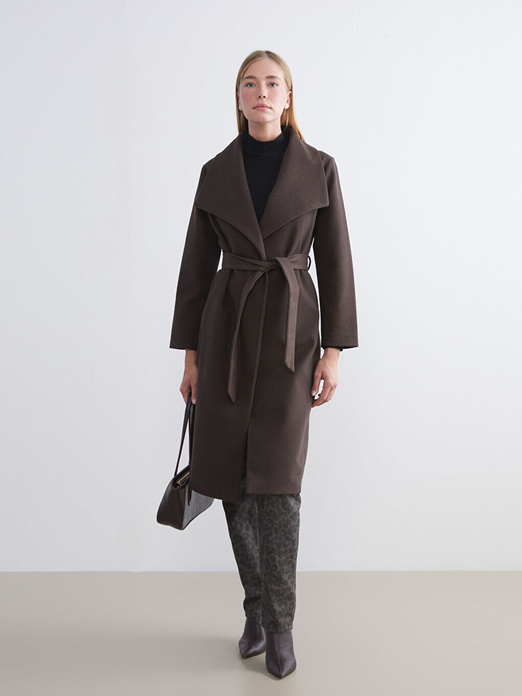 Kahverengi Ceket Yaka Kadın Kaşe Kaban-1