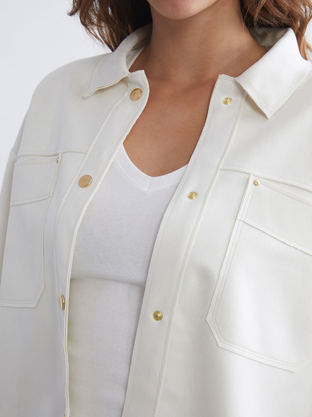 Ekru Kadın Süet Görünümlü Gömlek Ceket-2