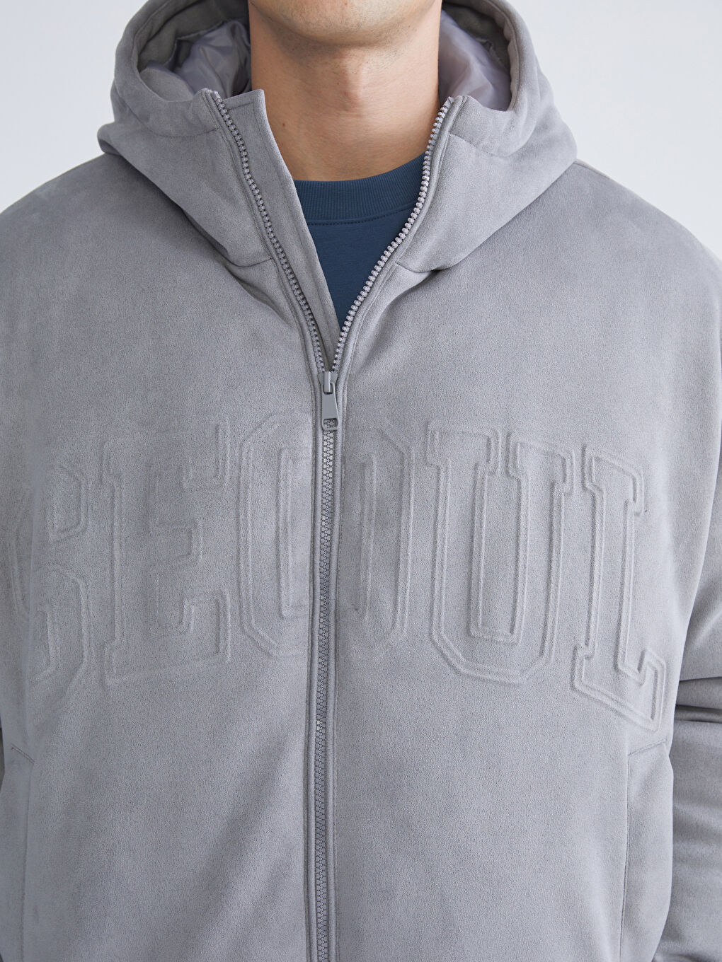 Gri Rahat Kalıp Kapüşonlu Erkek Şişme Mont-2