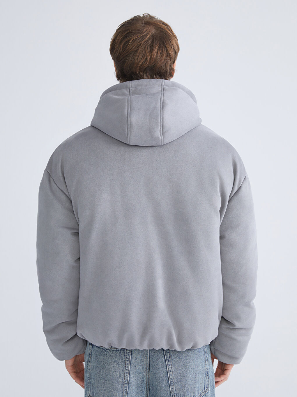 Gri Rahat Kalıp Kapüşonlu Erkek Şişme Mont-4
