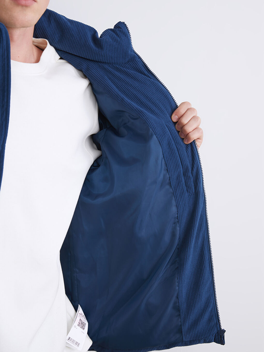 Lacivert Standart Kalıp Dik Yaka Kadife Erkek Şişme Mont-3