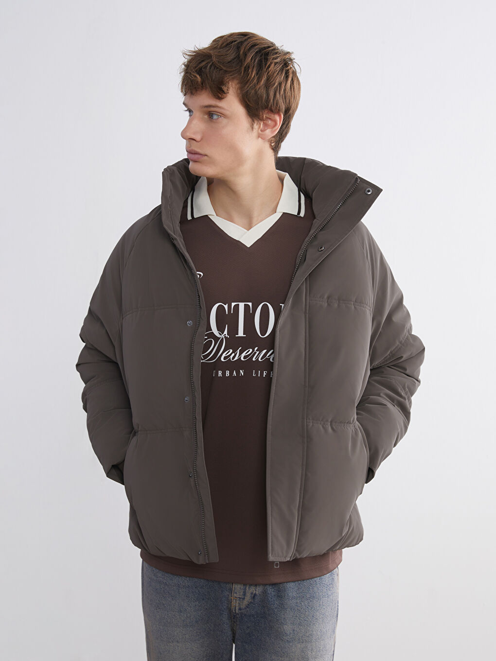 Kahverengi Rahat Kalıp Dik Yaka Erkek Şişme Mont