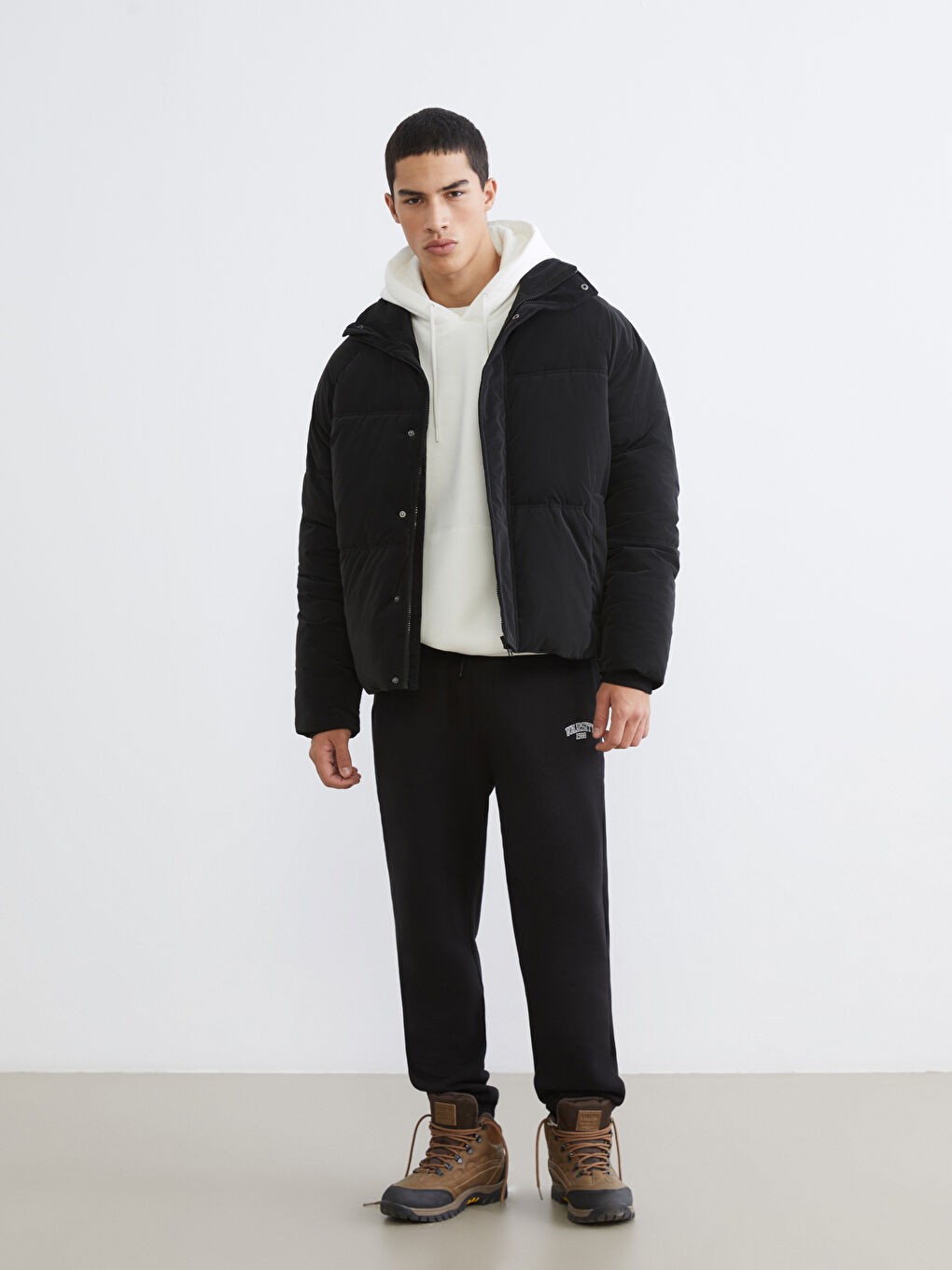 Ерлерге арналған еркін пішімді капюшонды пуховик пальто-1