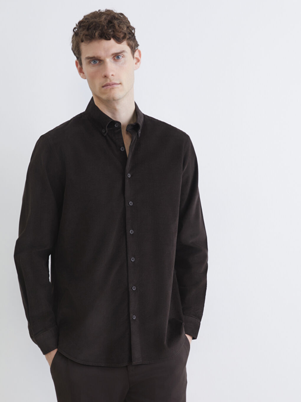 Kahverengi Slim Fit Kadife Erkek Gömlek