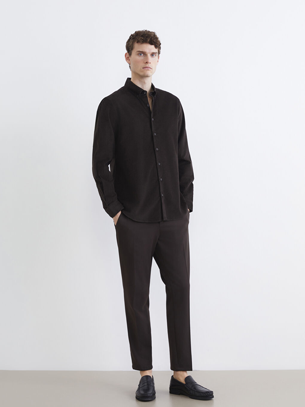 Kahverengi Slim Fit Kadife Erkek Gömlek-1