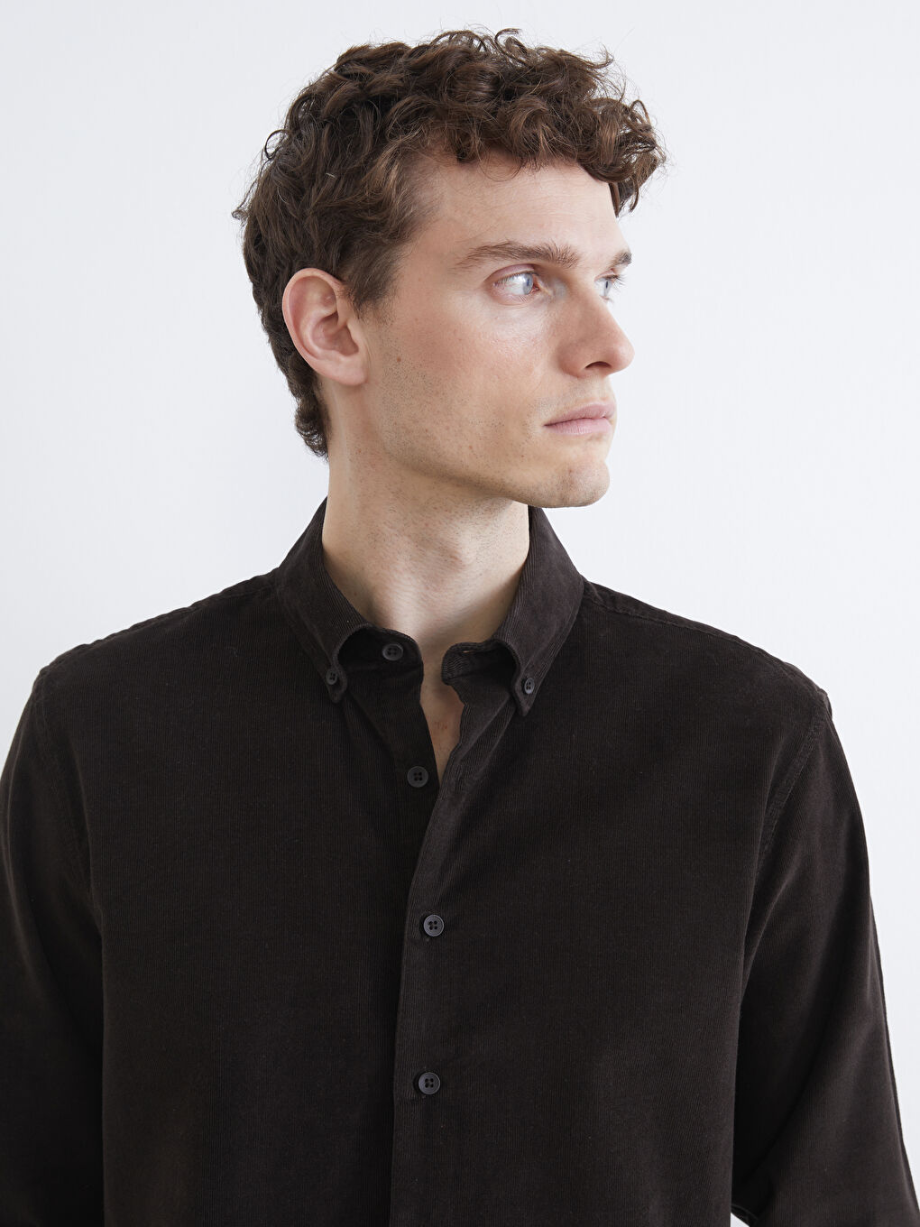 Kahverengi Slim Fit Kadife Erkek Gömlek-2