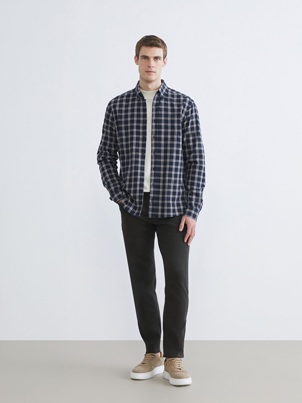 Lacivert Regular Fit Uzun Kollu Ekose Erkek Oduncu Gömlek-1