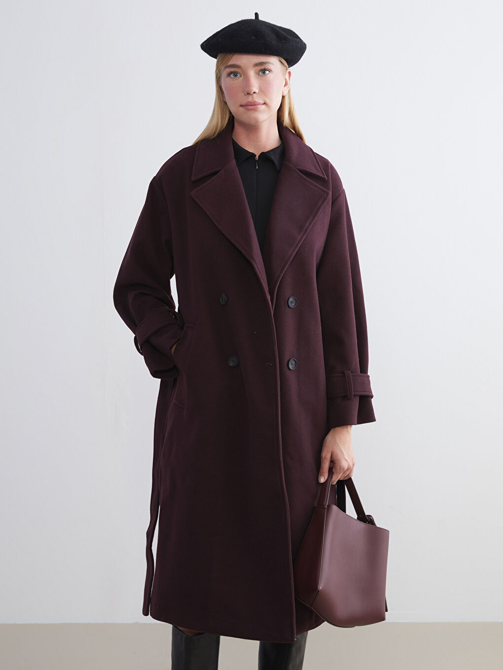 Mürdüm Kruvaze Yaka Kadın Kaşe Kaban-1