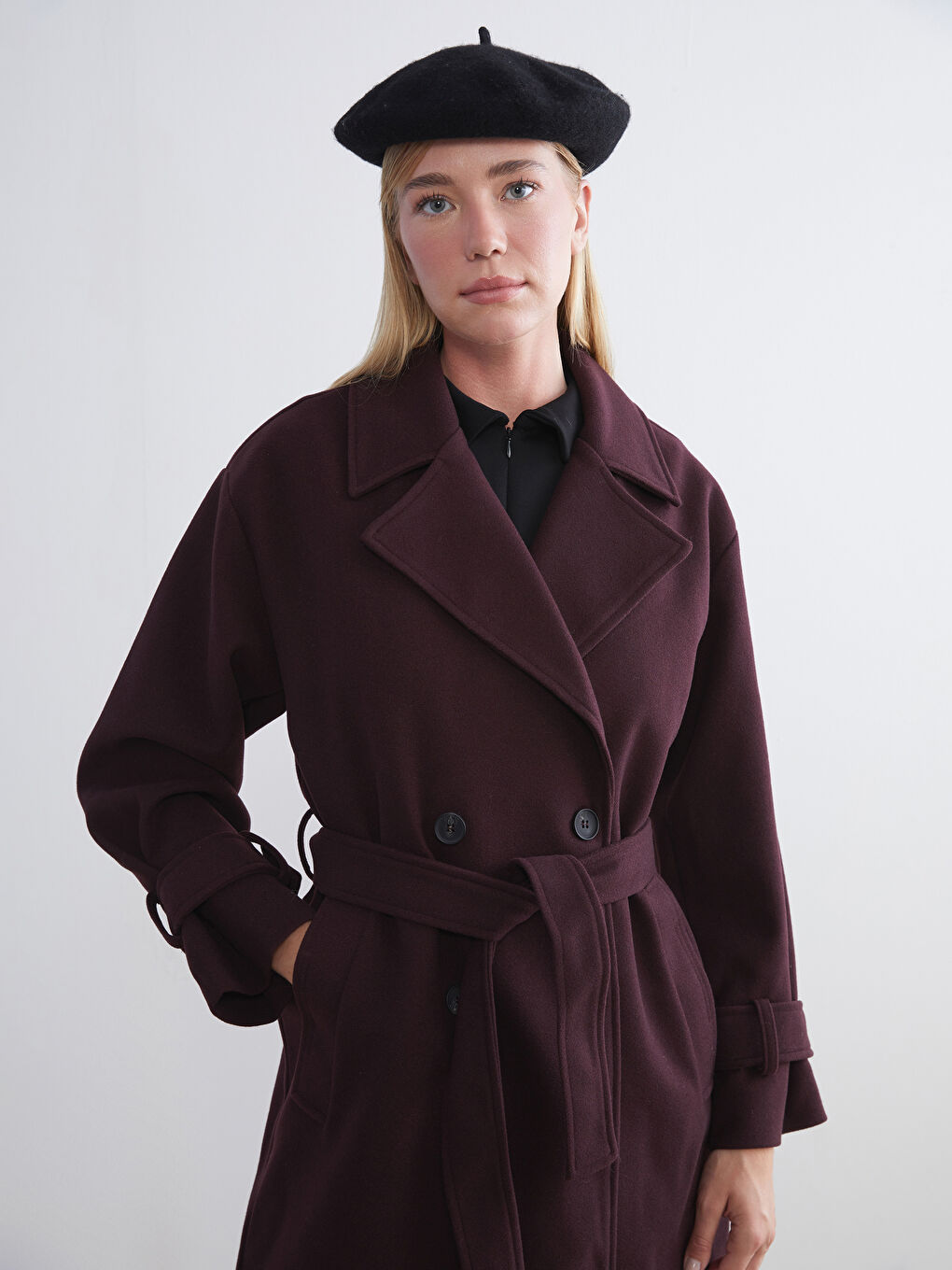 Mürdüm Kruvaze Yaka Kadın Kaşe Kaban-2