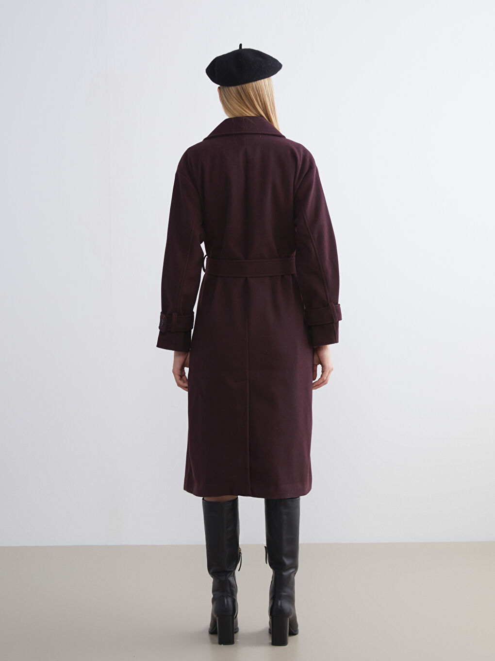 Mürdüm Kruvaze Yaka Kadın Kaşe Kaban-4