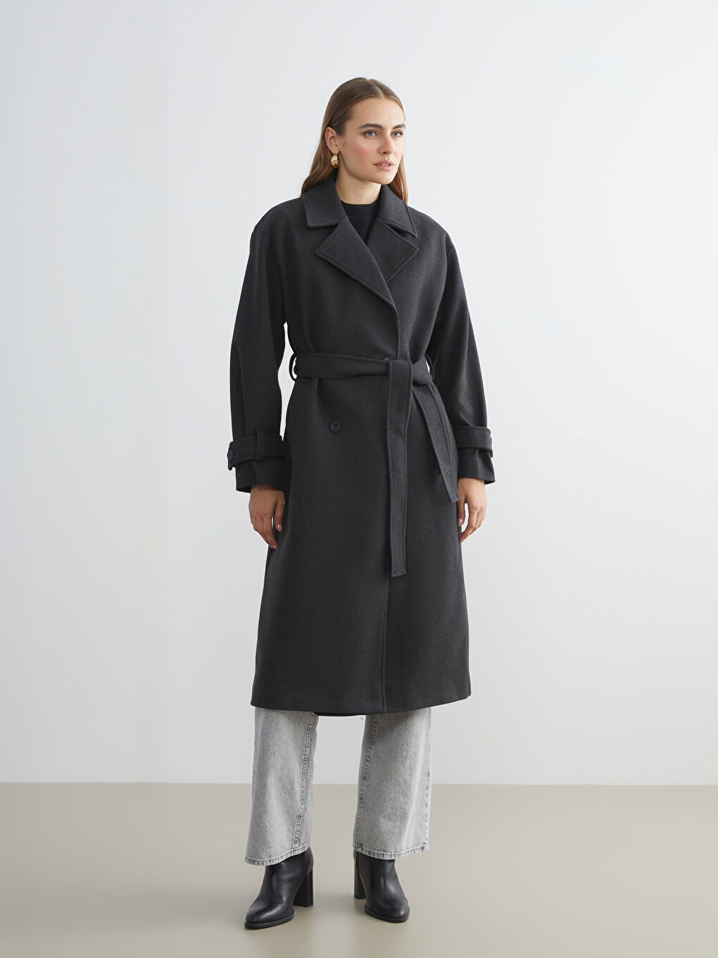 Antrasit Kruvaze Yaka Kadın Kaşe Kaban-1