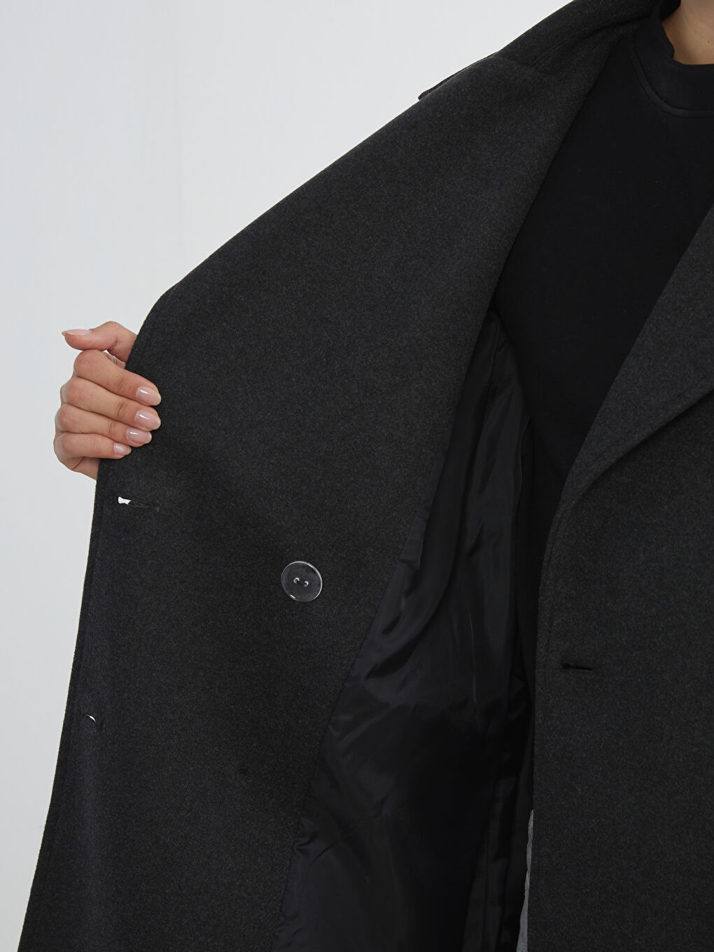 Antrasit Kruvaze Yaka Kadın Kaşe Kaban-3