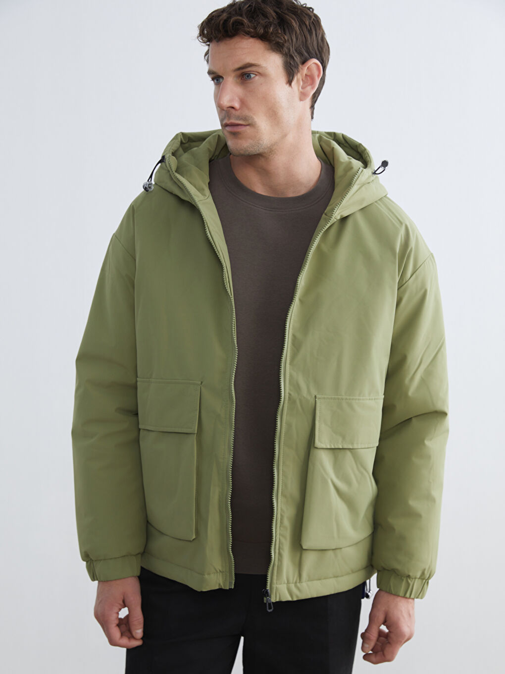 Yeşil Bol Kalıp Kapüşonlu Kalın Erkek Şişme Mont