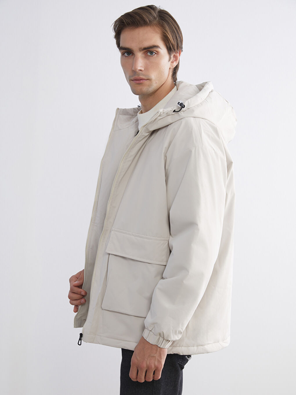 Haki Bol Kalıp Kapüşonlu Kalın Erkek Şişme Mont