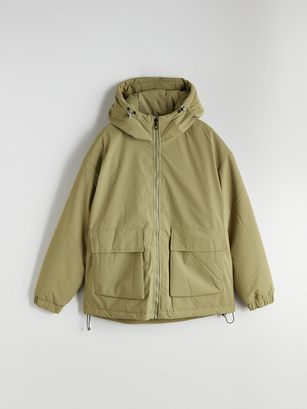 Yeşil Bol Kalıp Kapüşonlu Kalın Erkek Şişme Mont-5