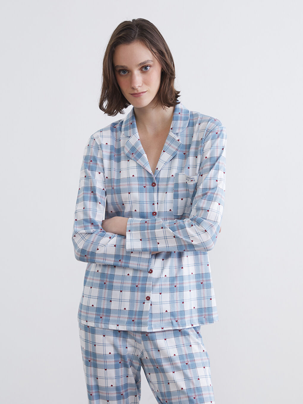 Pidžama komplet sa ovratnikom i kragnom, karirani dezen, za Ženski-1