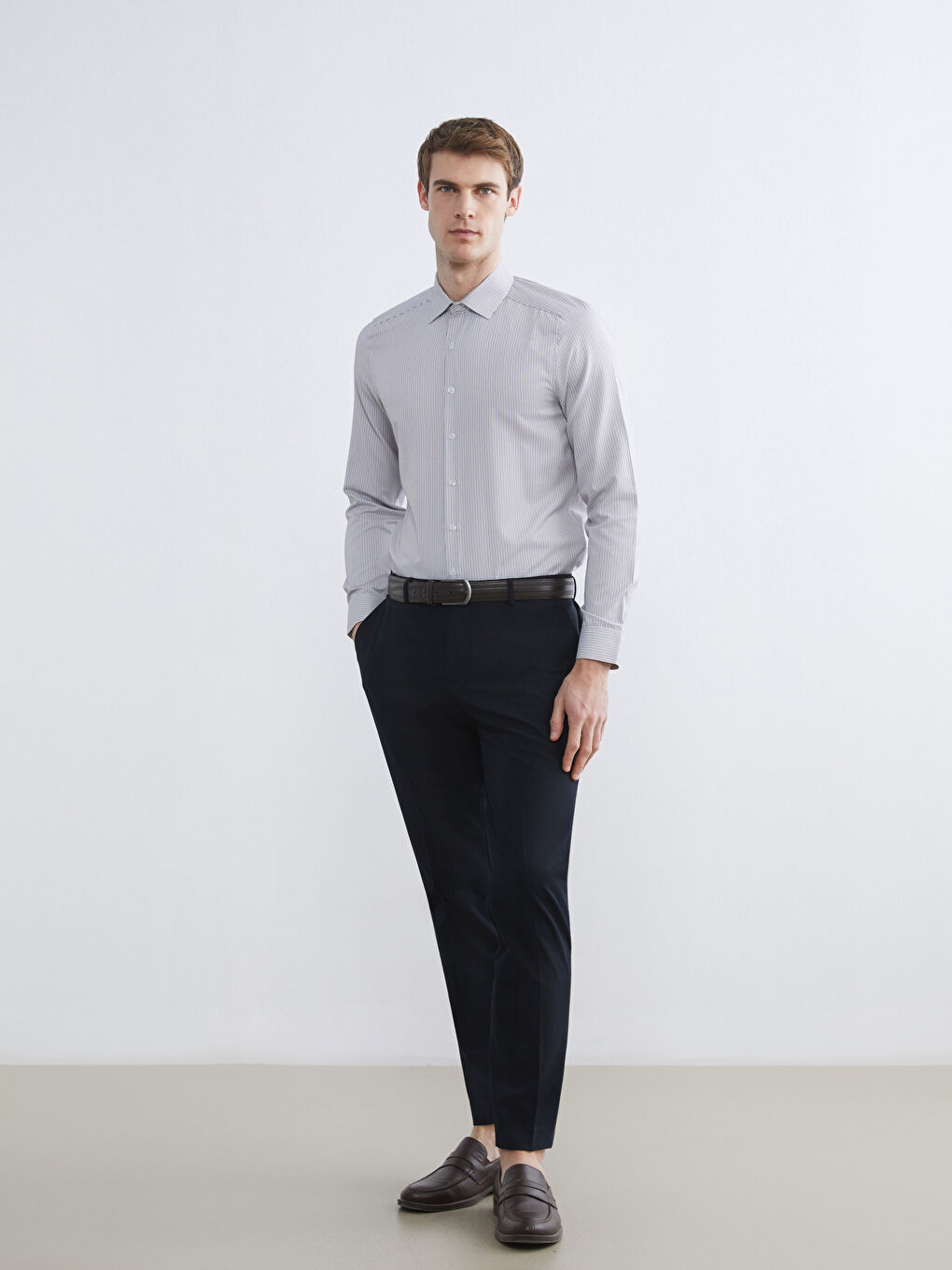 Antrasit Slim Fit Uzun Kollu Çizgili Erkek Gömlek-1