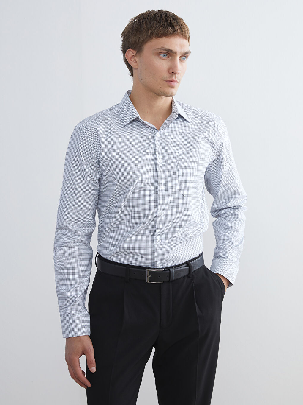 Regular Fit Long Sleeve Plaid Poplin Men's Shirt