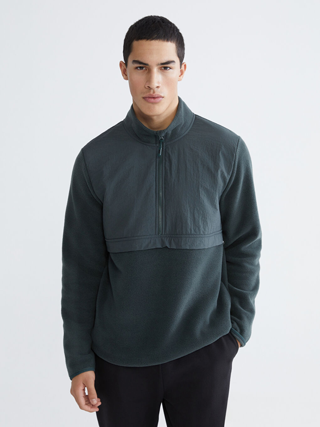 Yeşil Dik Yaka Uzun Kollu Polar Erkek Sweatshirt