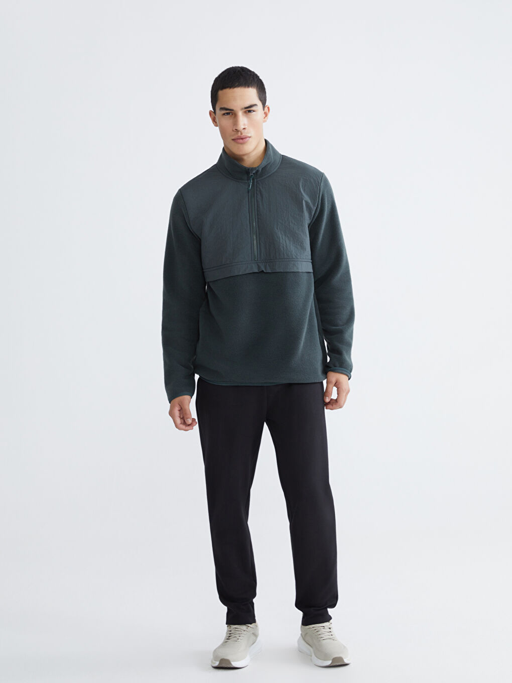 Yeşil Dik Yaka Uzun Kollu Polar Erkek Sweatshirt-1