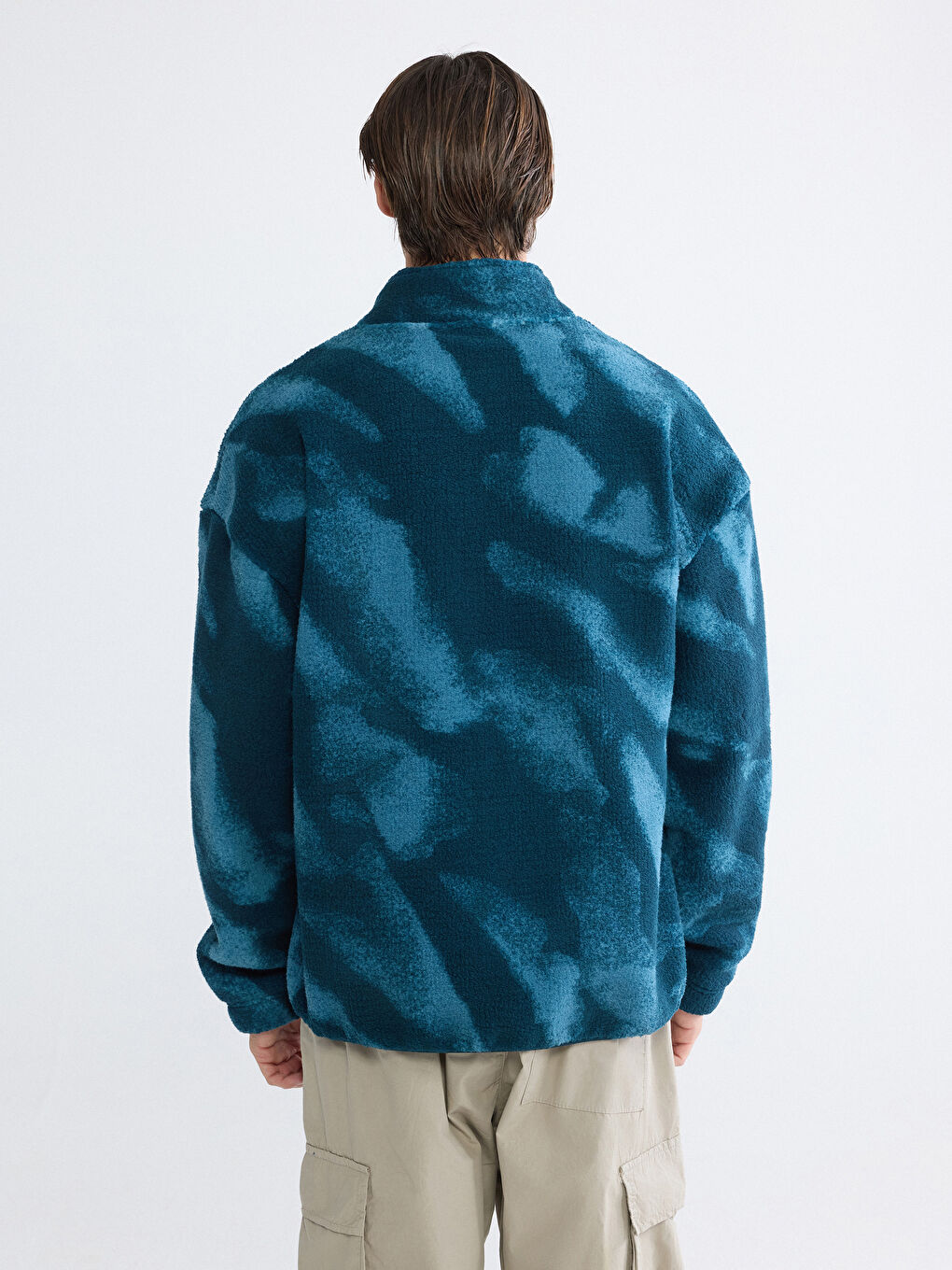 Petrol Dik Yaka Pelüş Erkek Fermuarlı Sweatshirt-3