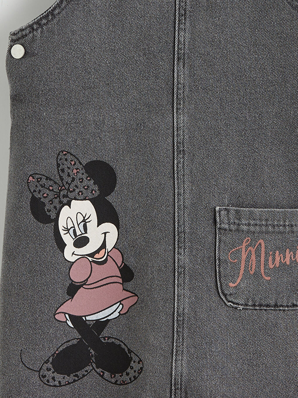Antrasit Kare Yaka Minnie Mouse Baskılı Kız Çocuk Jean Salopet Elbise-2