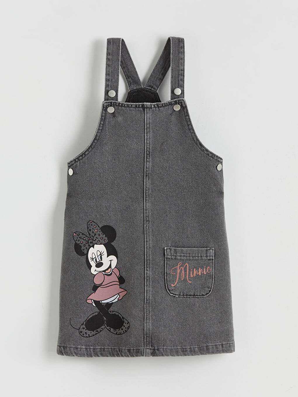 Antrasit Kare Yaka Minnie Mouse Baskılı Kız Çocuk Jean Salopet Elbise