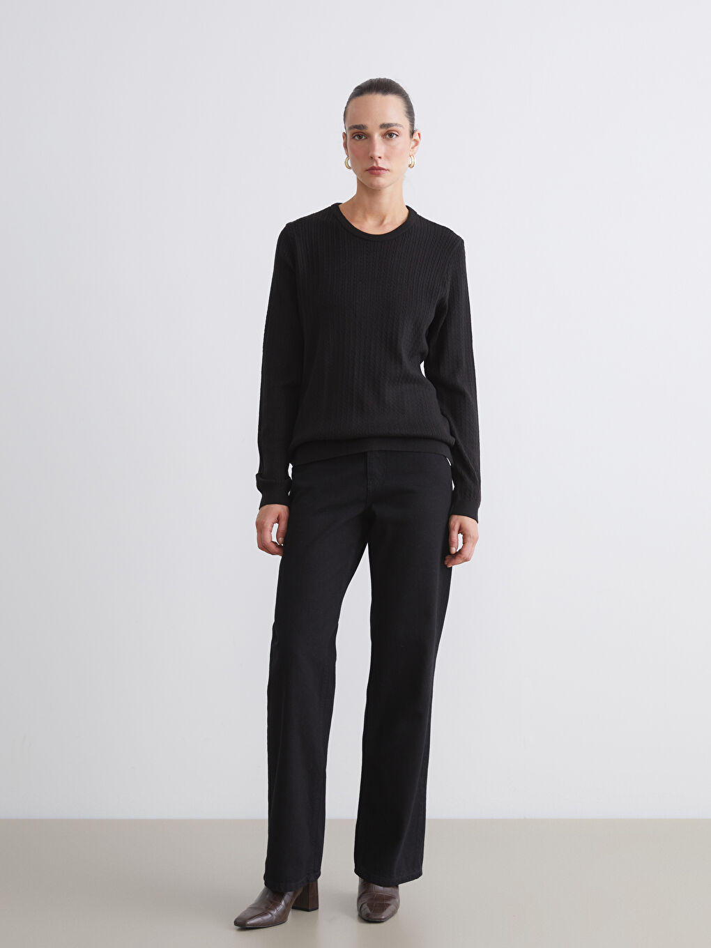 Crew Neck Self-Patterned Women's Knitwear Sweater-1