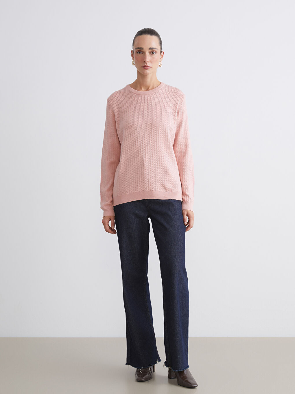 Crew Neck Self-Patterned Women's Knitwear Sweater-2