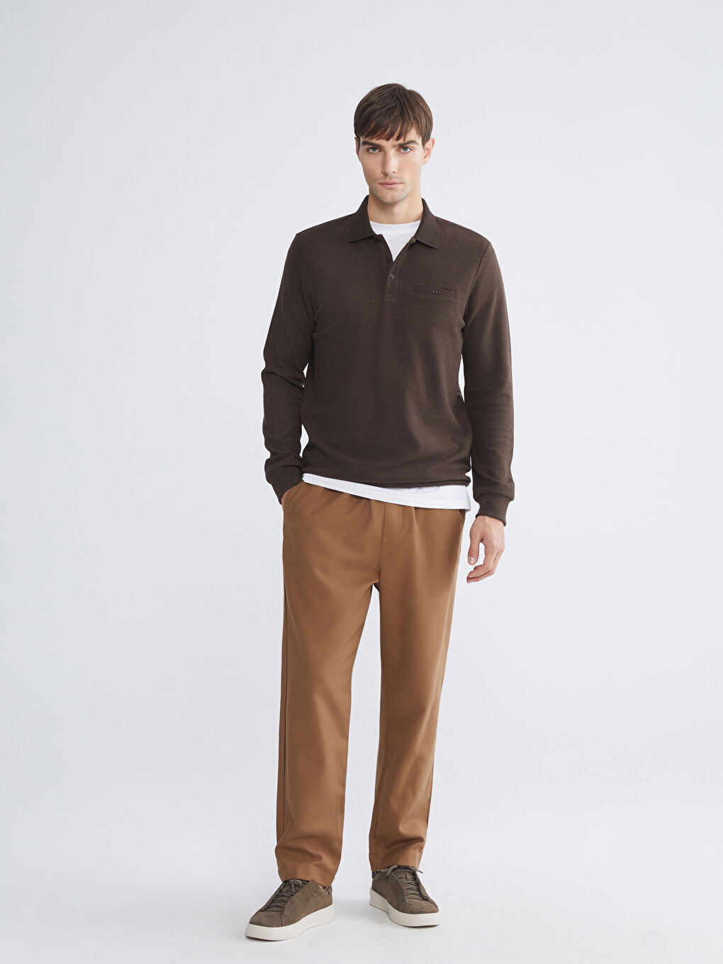 Kahverengi Polo Yaka Erkek Sweatshirt-1