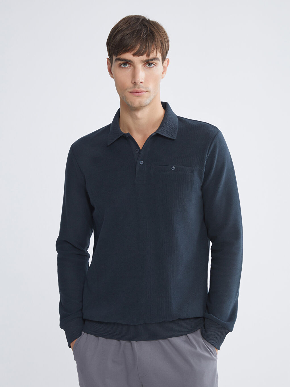 Lacivert Polo Yaka Erkek Sweatshirt