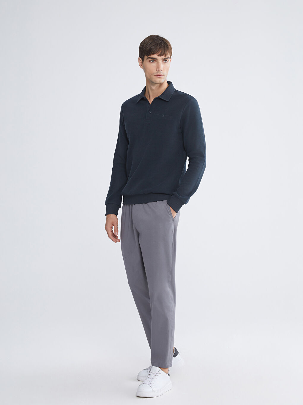 Lacivert Polo Yaka Erkek Sweatshirt-1