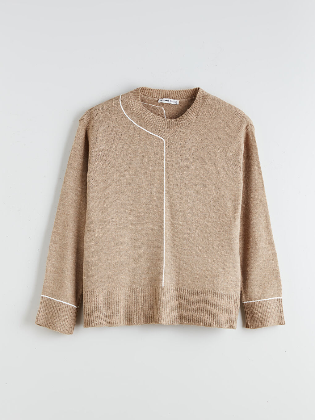 كنزة صوفية تريكو برقبة دائرية بتفاصيل مخططة للسيدات-4