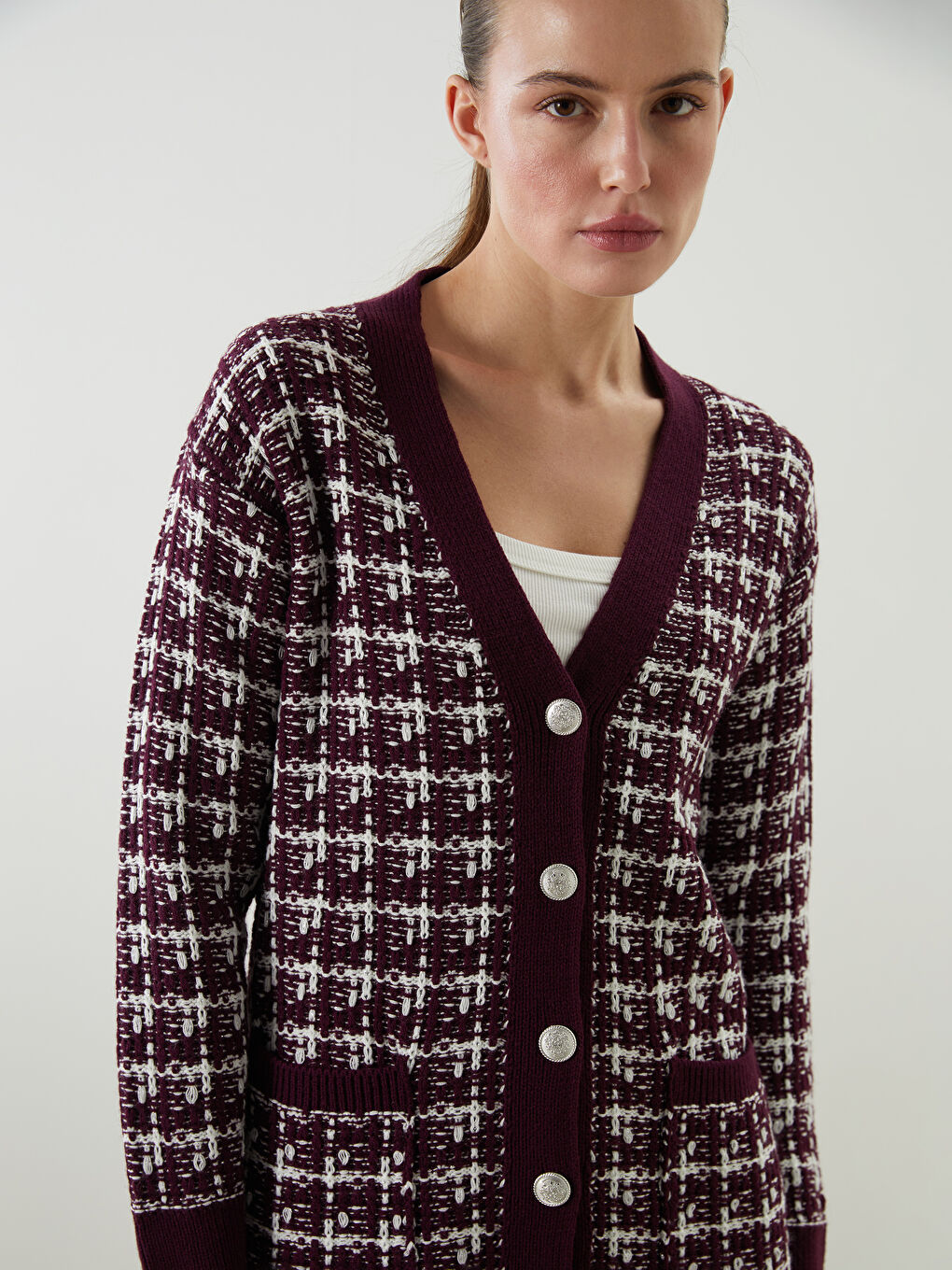 V Neck Patterned Women's Knitwear Cardigan