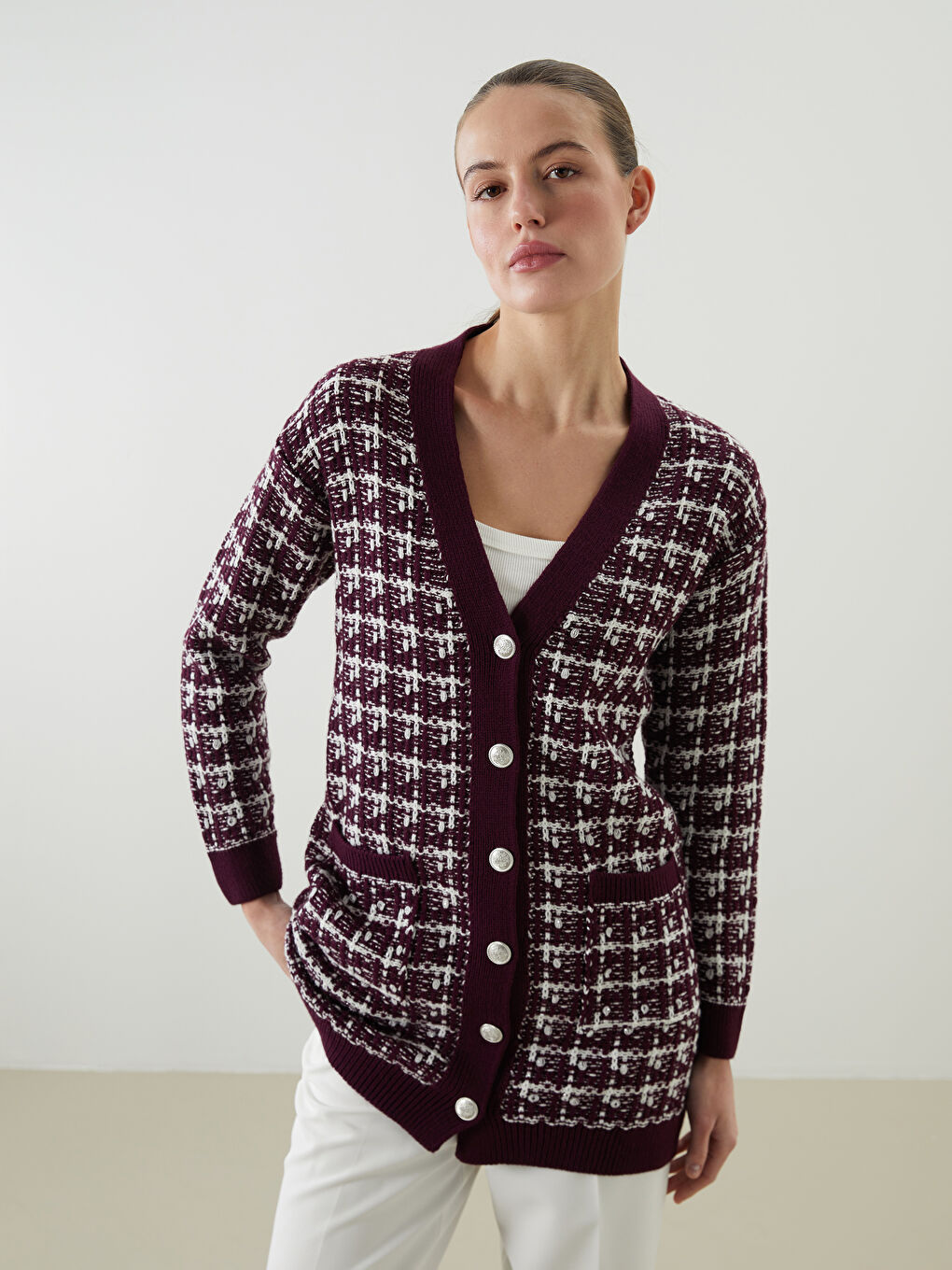 V Neck Patterned Women's Knitwear Cardigan-3