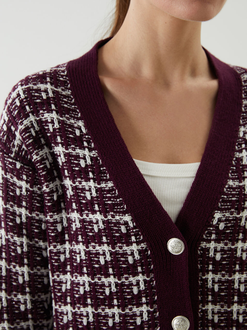V Neck Patterned Women's Knitwear Cardigan-5