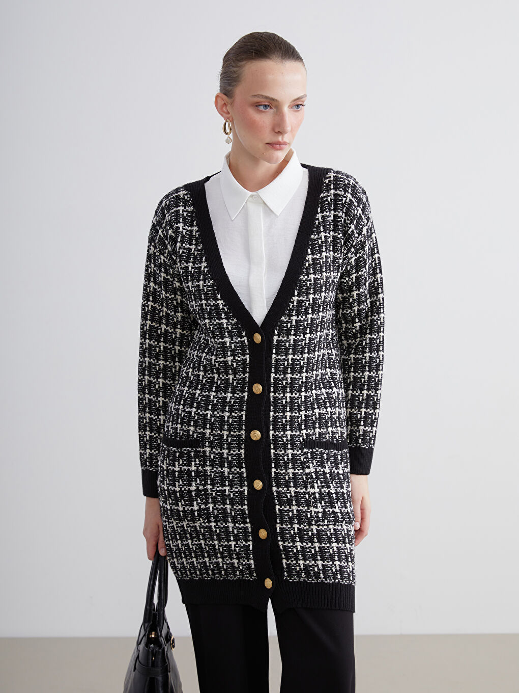 V Neck Patterned Women's Knitwear Cardigan-1