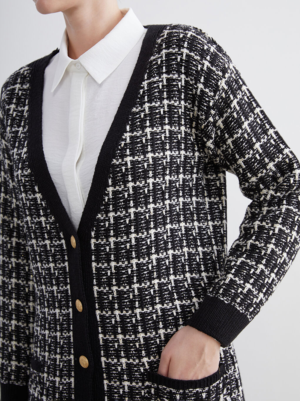 V Neck Patterned Women's Knitwear Cardigan-4